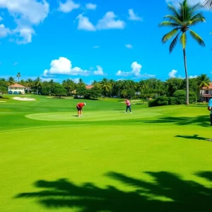 Golfers enjoying a sunny day at a Miami golf course.