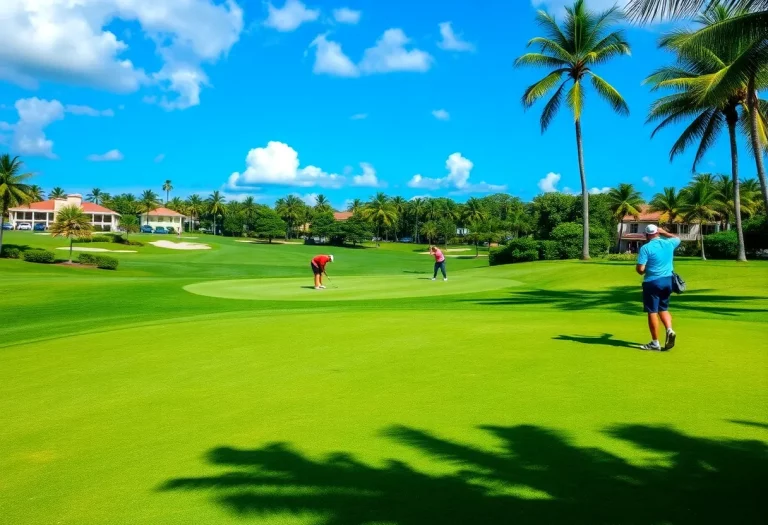 Golfers enjoying a sunny day at a Miami golf course.