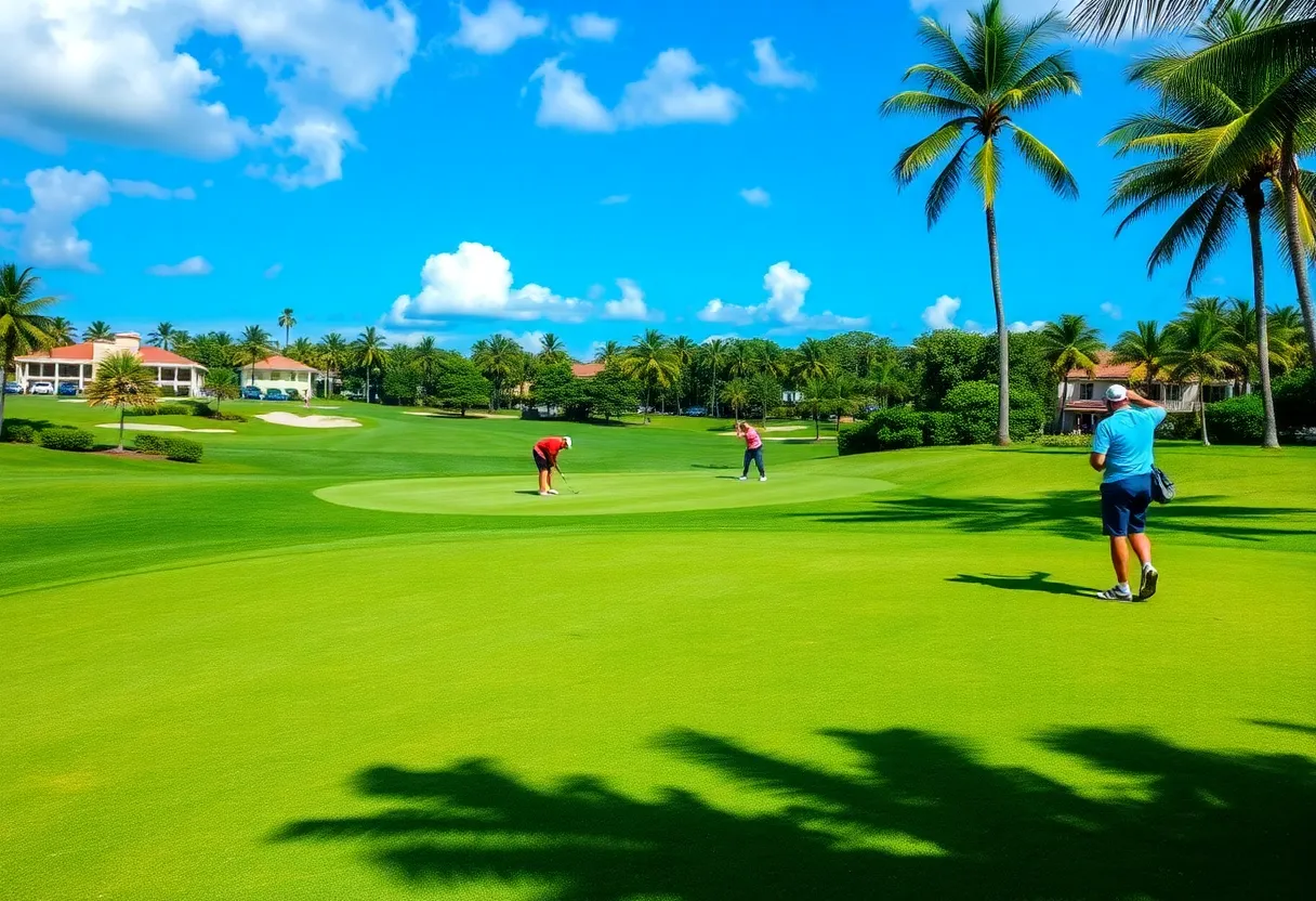 Golfers enjoying a sunny day at a Miami golf course.