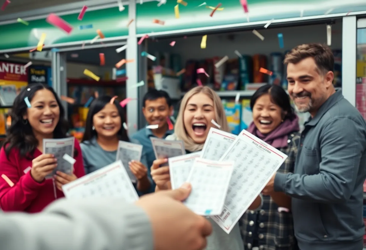 Celebration of a lottery win at a local mini mart with scratch-off tickets.
