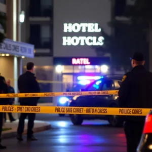 Crime scene outside hotel with police presence