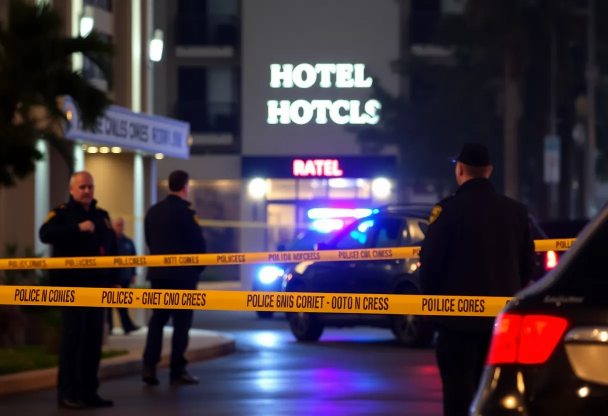 Crime scene outside hotel with police presence