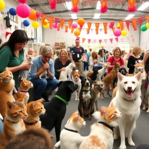 People interacting with cats and dogs at a pet adoption event