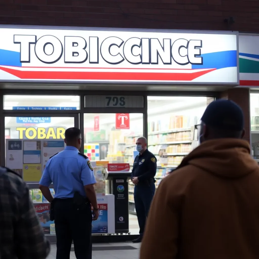 Police officers standing outside a local tobacco store following an armed robbery