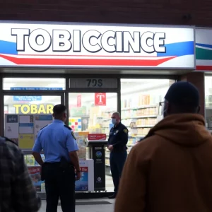 Police officers standing outside a local tobacco store following an armed robbery