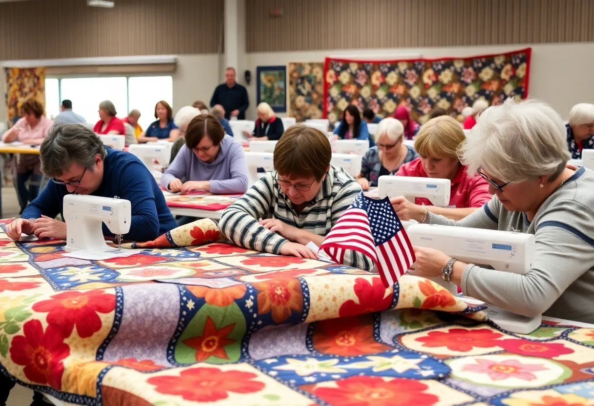 Volunteers creating quilts for veterans at a community event in Columbia.