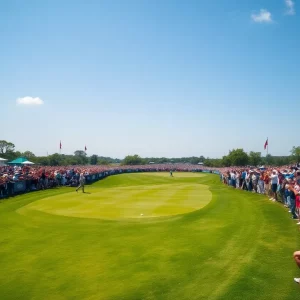 A panoramic view of the RBC Heritage golf course filled with spectators