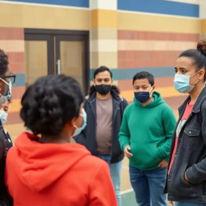 Community discussing safety measures outside a gym