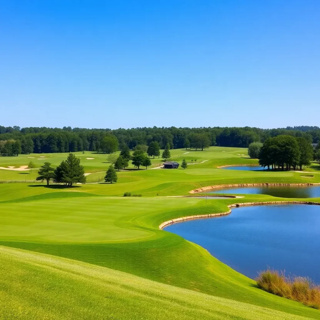 A scenic view of a golf course in Irmo South Carolina featuring green fairways and natural landscapes.