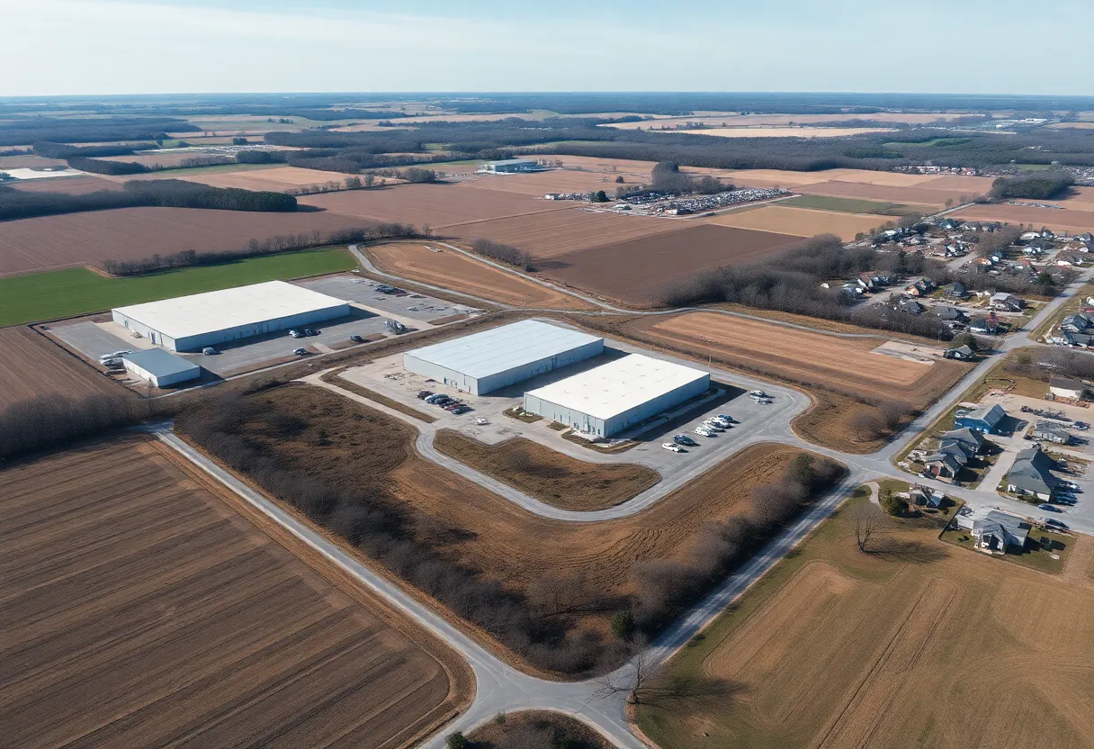 Aerial view of Scout Motors electric vehicle plant development in Blythewood, SC