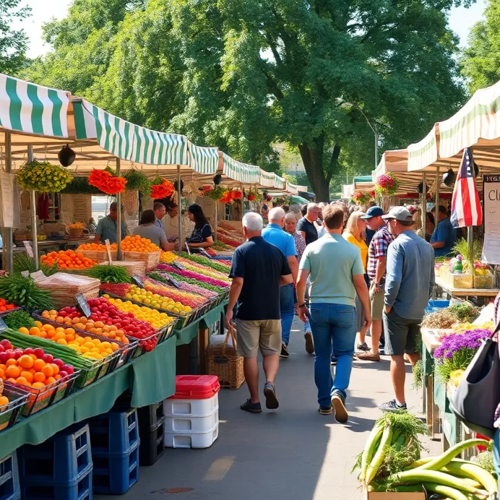 A lively farmers market with various local vendors and visitors enjoying fresh produce and foods.
