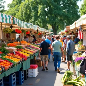 A lively farmers market with various local vendors and visitors enjoying fresh produce and foods.