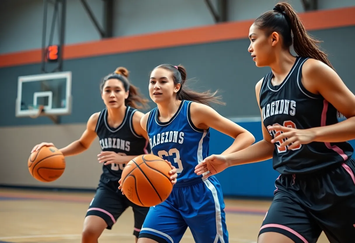 Female basketball players representing teamwork and excellence