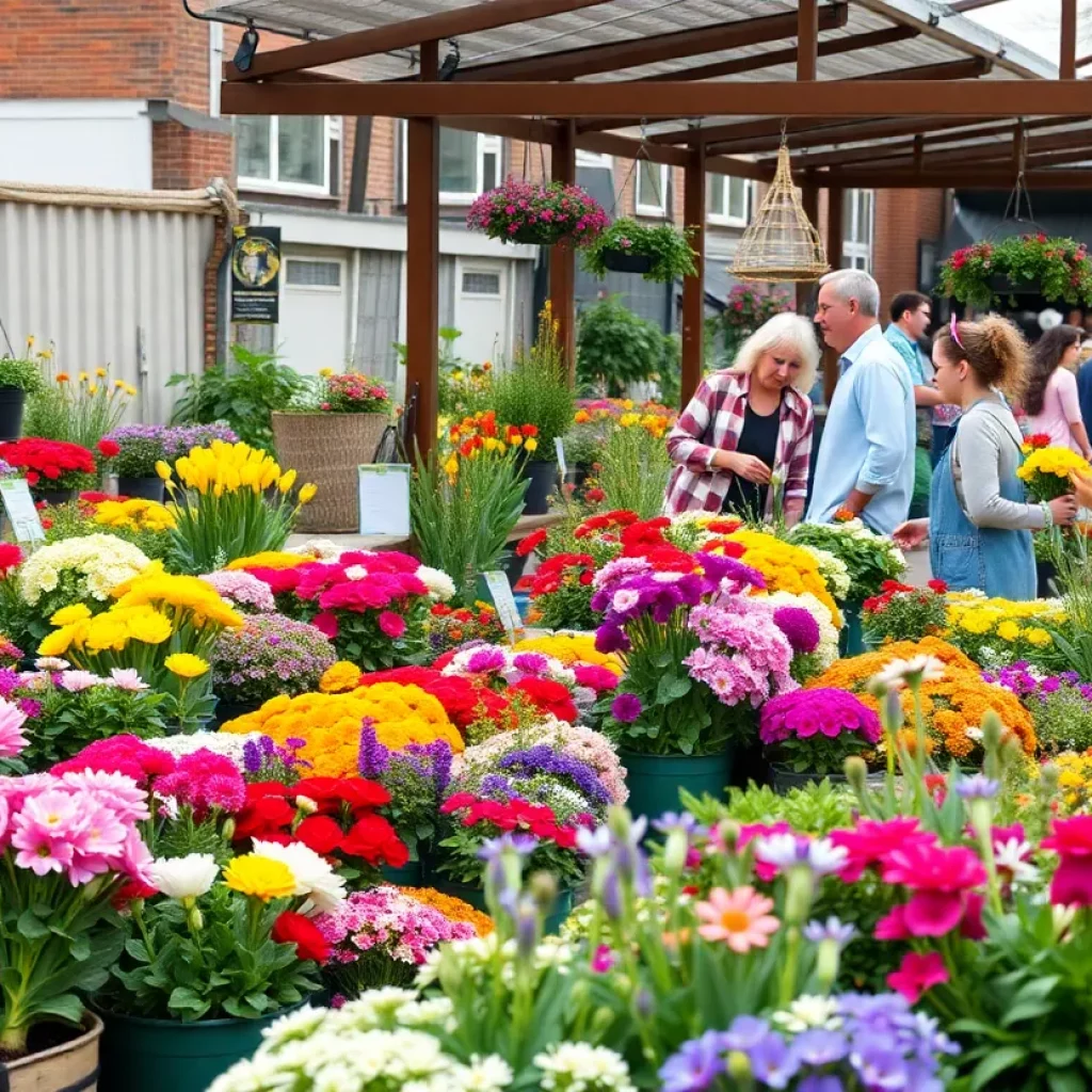 People exploring a spring plant sale with various plants and flowers