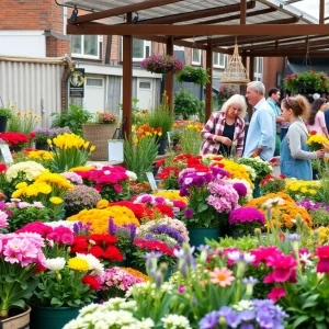 People exploring a spring plant sale with various plants and flowers
