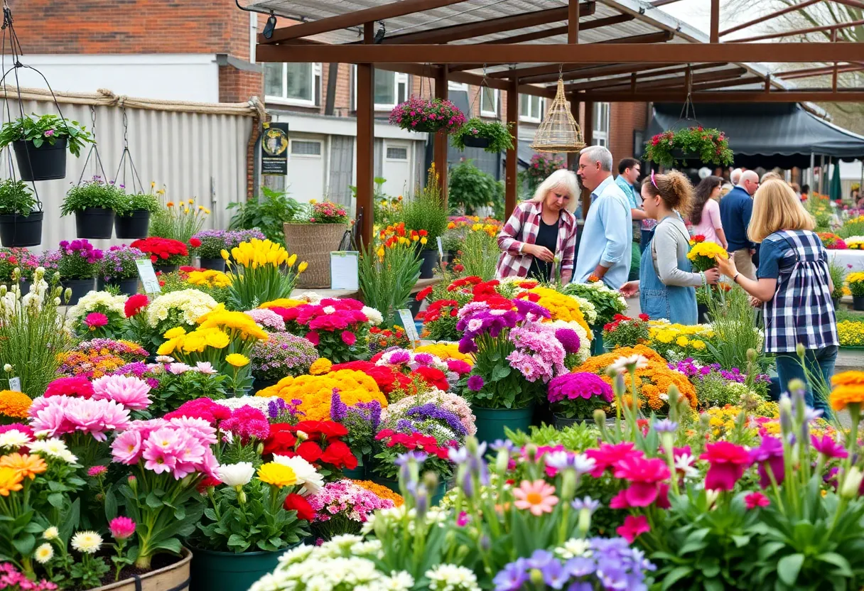People exploring a spring plant sale with various plants and flowers