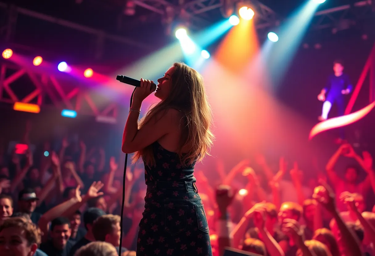 A female rock artist performing live in concert at a packed arena.