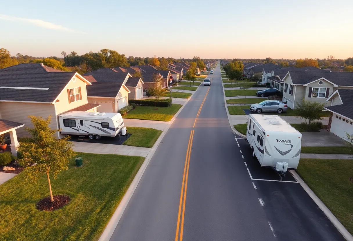 A suburban neighborhood in Irmo featuring designated parking spaces for RVs and trailers.
