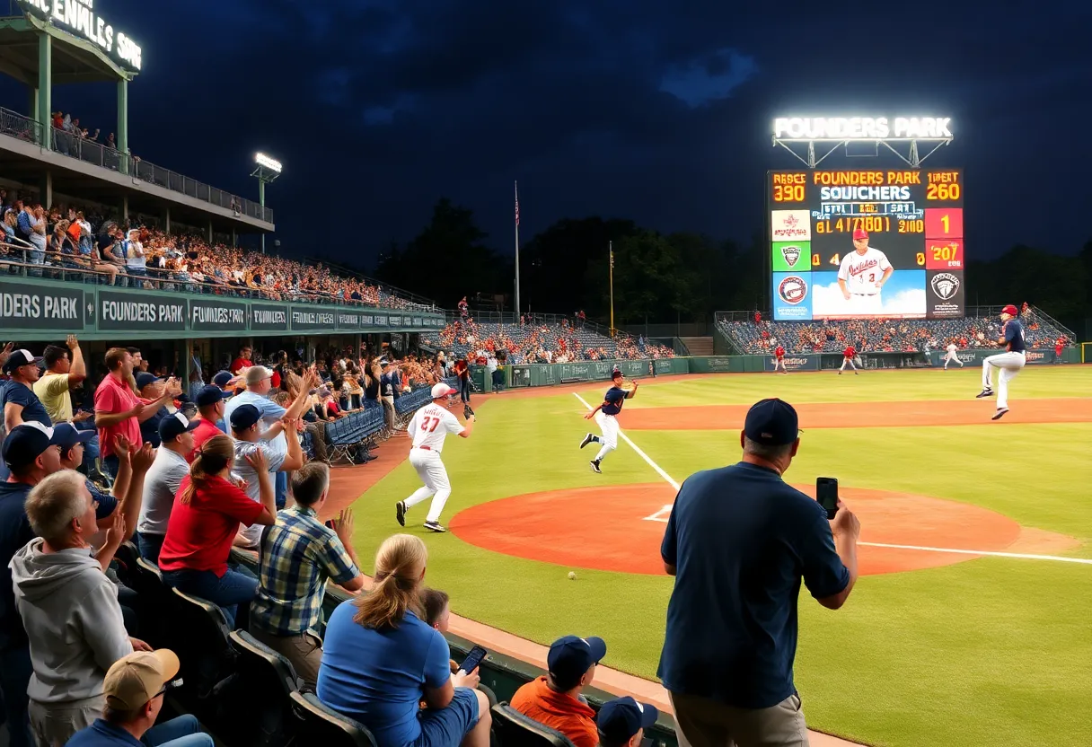 Players celebrating a win at Founders Park