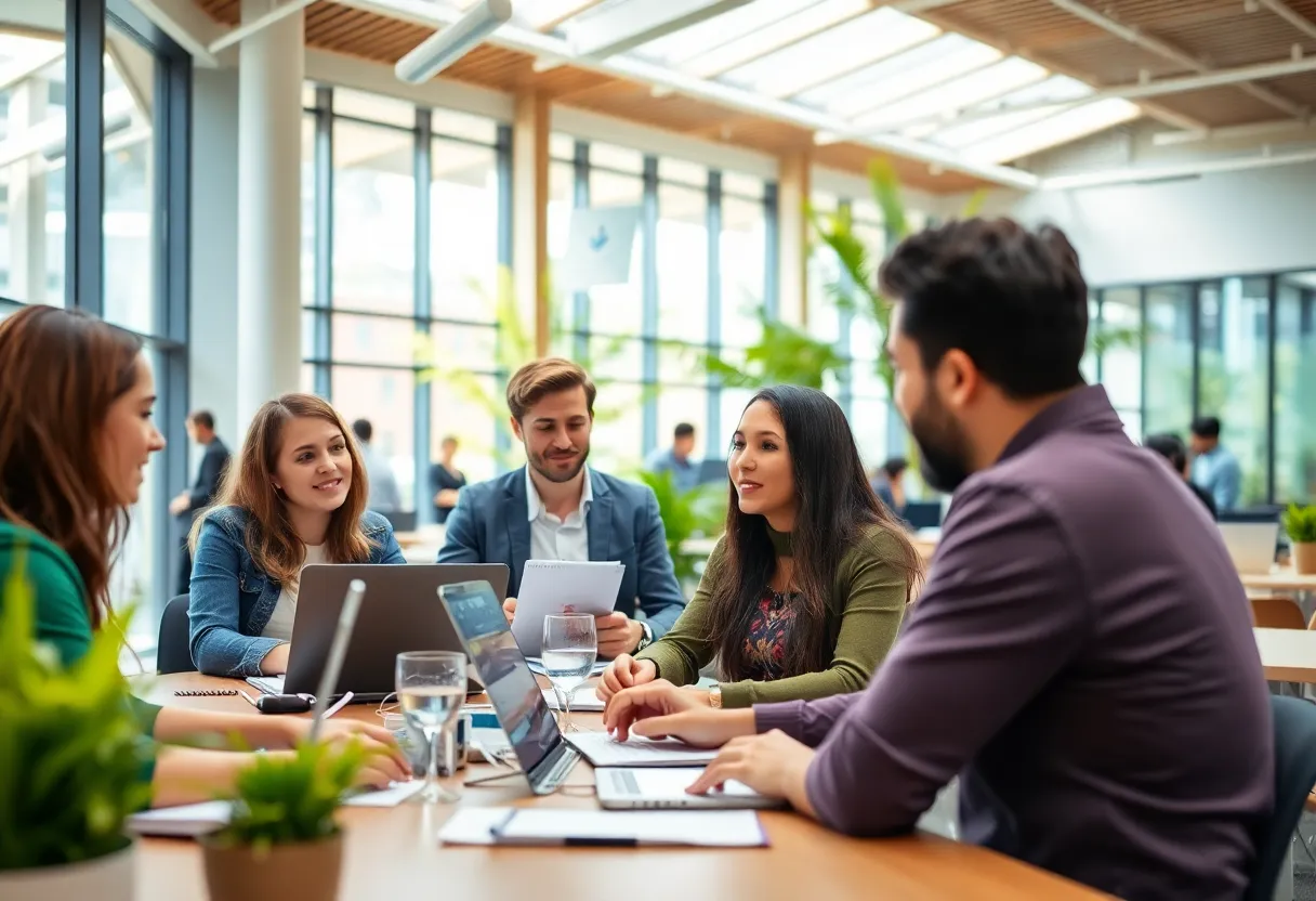 Employees collaborating in an open office at USC campus