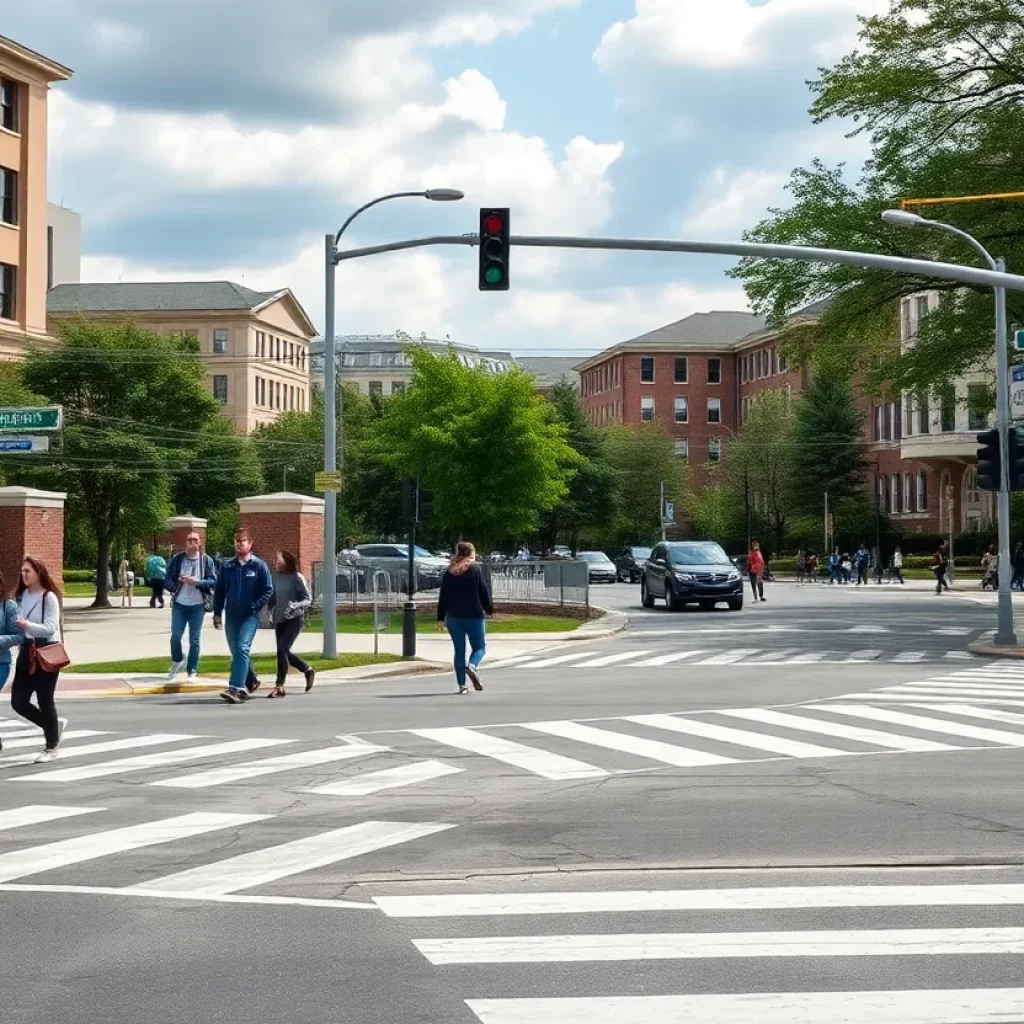 A busy intersection on a university campus with pedestrians and vehicles.