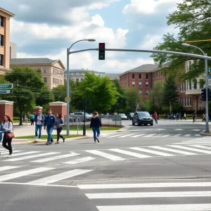 A busy intersection on a university campus with pedestrians and vehicles.