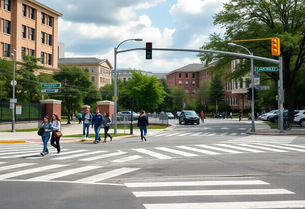 A busy intersection on a university campus with pedestrians and vehicles.