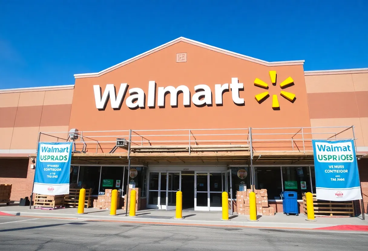 Walmart Neighborhood Market undergoing a remodel with construction and banners.