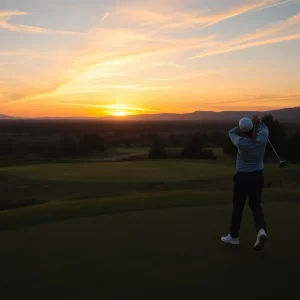 A beautiful sunset over a golf course with a golfer practicing their swing.