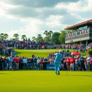 A vibrant golf course during a competitive event with spectators.