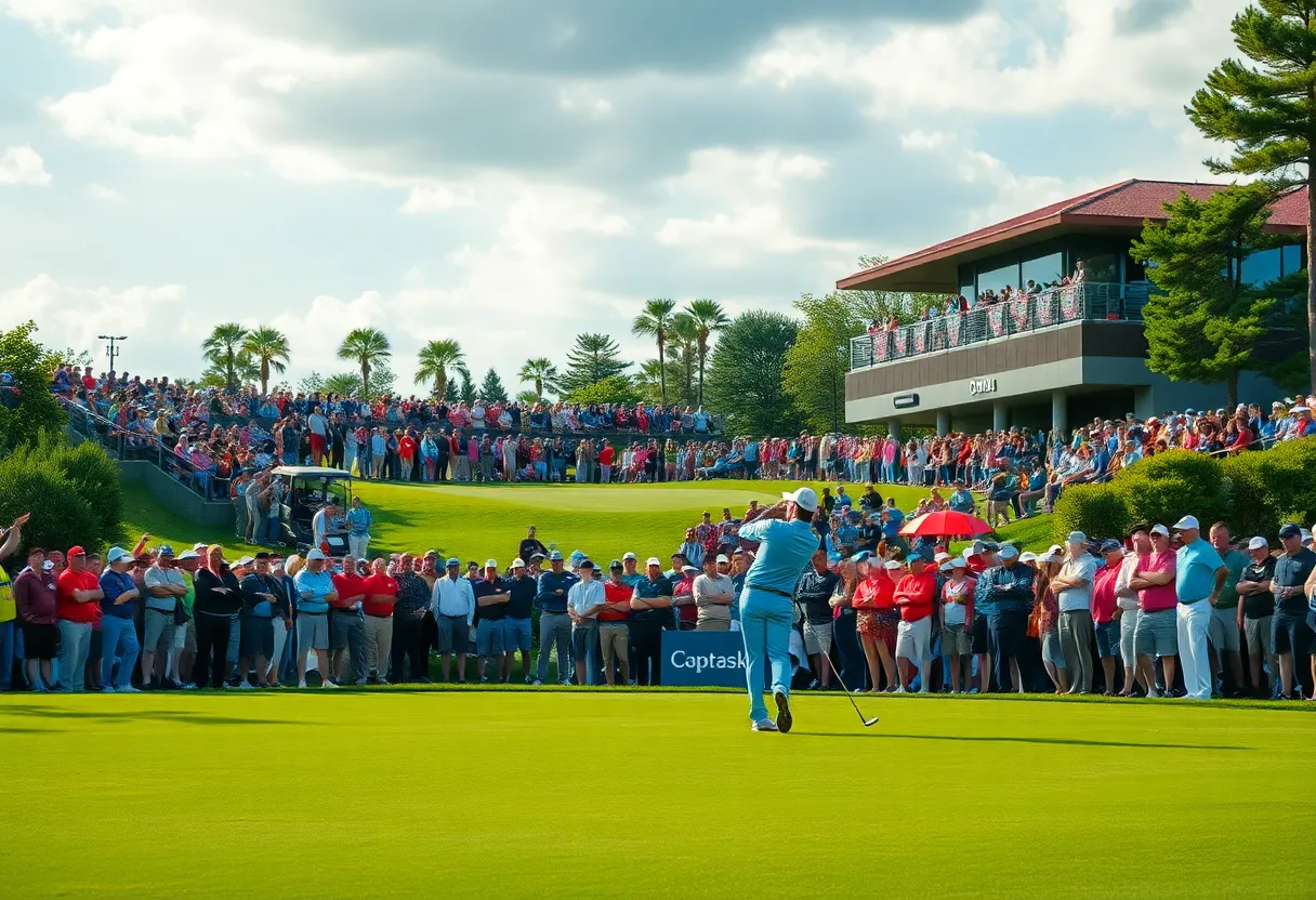 A vibrant golf course during a competitive event with spectators.